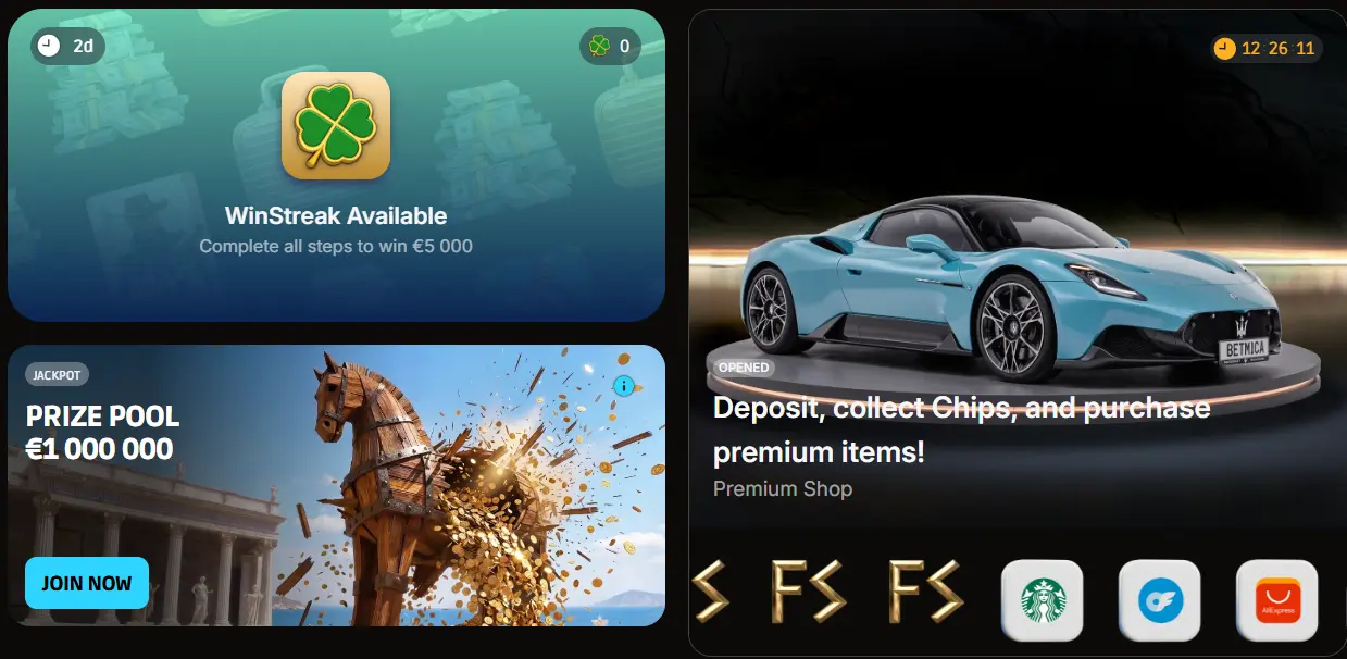 Betmica Casino promotions — WinStreak up to £5,000, a £1,000,000 jackpot prize pool and the Premium Shop
